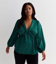 New Look Curves Dark Green Satin Twist Front Long Puff Sleeve Blouse